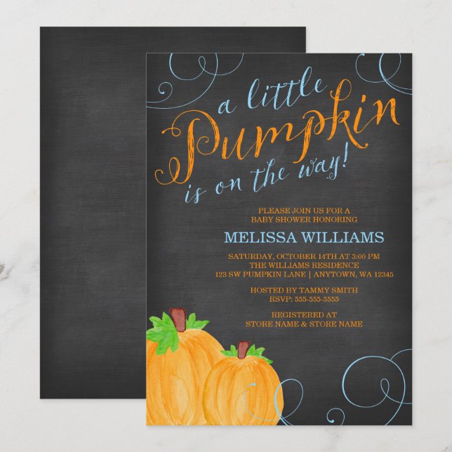 Invitación Chalkboard Watercolor Pumpkin Boy Baby Shower (Anverso / Reverso)