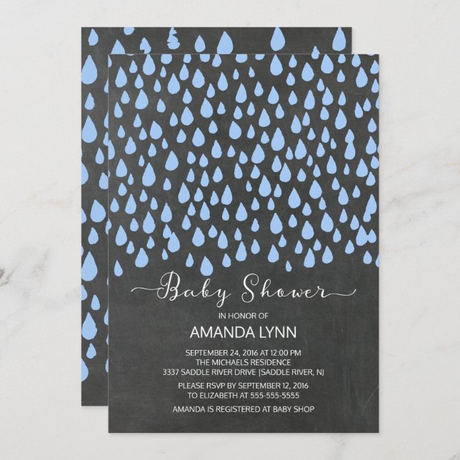 Invitación Chalkboard Watercolor Raindrop Boys Baby Shower (Anverso / Reverso)