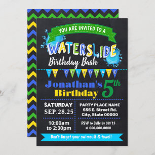 Invitación Chalkboard Waterslide cumpleaños verano fiesta azu