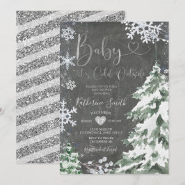Invitación Chalkboard Winter Cold Baby Shower Forest Silver