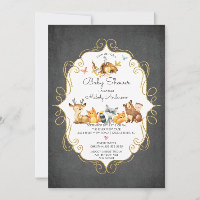 Invitación Chalkboard Woodland Animals Boys Baby Shower (Anverso)