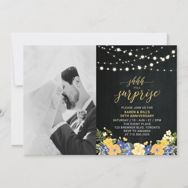 Invitación Chalkboard y luces Foto 50 aniversario Boda (Anverso)