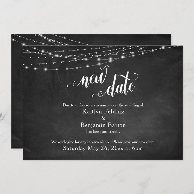 Invitación Chalkboard y luces pospuestas Boda "Nueva fecha" (Anverso / Reverso)