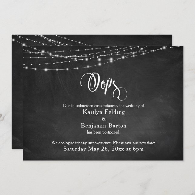 Invitación Chalkboard y luces pospusieron Humor Boda "Oops" (Anverso / Reverso)