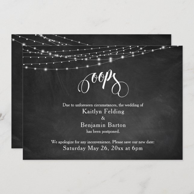Invitación Chalkboard y luces pospusieron Humor Boda "Oops" (Anverso / Reverso)