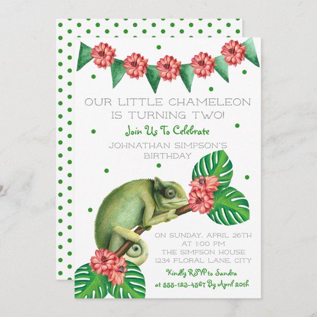 Invitación Chameleon Lizard segundo cumpleaños (Anverso / Reverso)