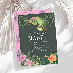Invitación Chameleon Reptile Chica Tropical Cumpleaños Verde