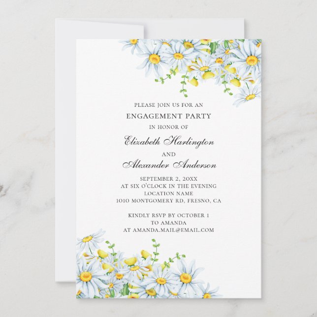 Invitación Chamomila acuarela. Partido de compromiso floral (Anverso)