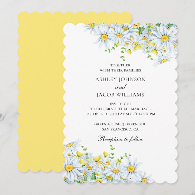 Invitación Chamomile. Flores de campo. Boda floral de verano (Anverso / Reverso)