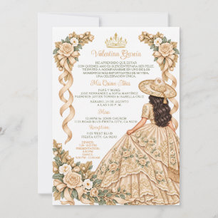 Invitación Champagne 15 Años Charra Gold Quinceañera Floral