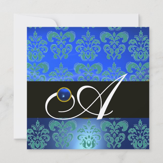INVITACIÓN CHAMPAGNE AZUL VERDE NEGRO DAMASK MONOGRAM (Anverso)