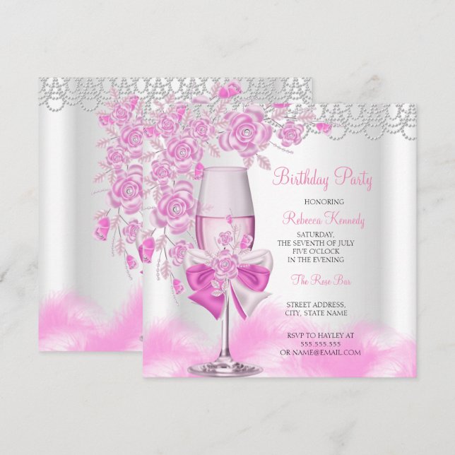 Invitación Champagne Blanco Fiesta de Cumpleaños Rosa Rosa Cl (Anverso / Reverso)