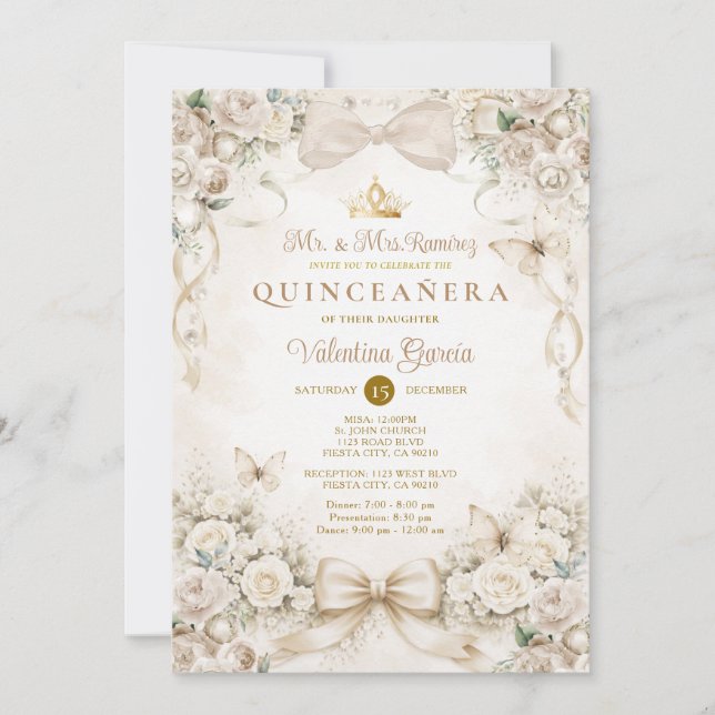 Invitación Champagne Bow Floral Quinceañera Princess (Anverso)