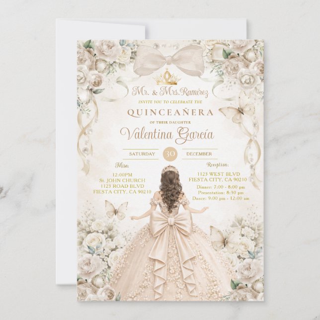 Invitación Champagne Bow Floral Quinceañera Princess (Anverso)