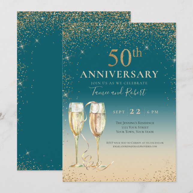Invitación Champagne Brillante Dorado Verde Cumpleaños 50 (Anverso / Reverso)
