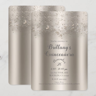 Invitación Champagne Brillo Mariposa Aleteo Quinceañera