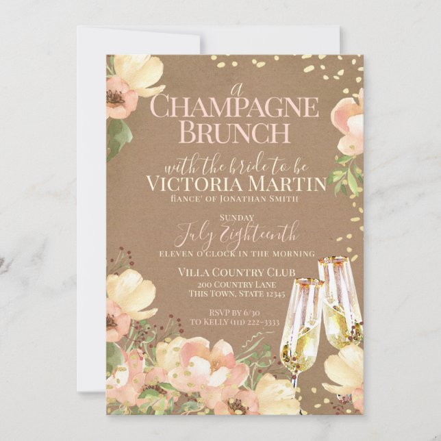 Invitación Champagne Brunch Sparkle Floral Bridal Shower (Anverso)