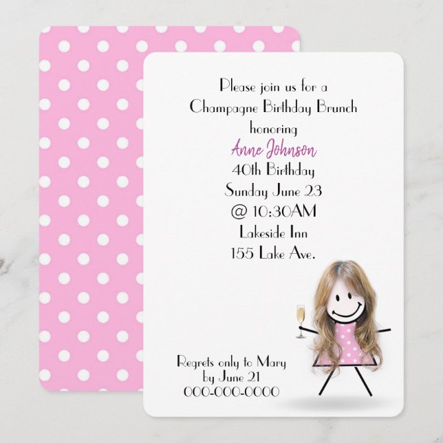 Invitación Champagne Brunch Stick Girl cumpleaños 40 (Anverso / Reverso)