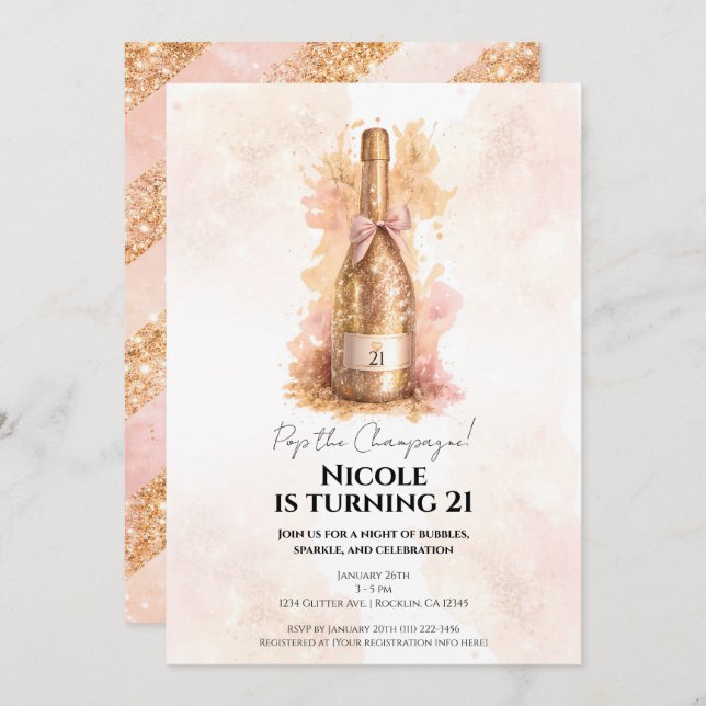 Invitación Champagne Bubbly & Gold Glitter 21 21ST Birthday  (Anverso / Reverso)
