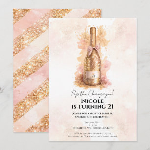 Invitación Champagne Burbujas y Brillo Dorado Cumpleaños 21 2