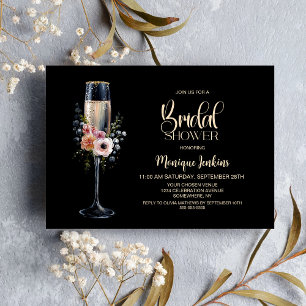 Invitación Champagne Copa Rosa Naranja Floral Desayuno de Nov