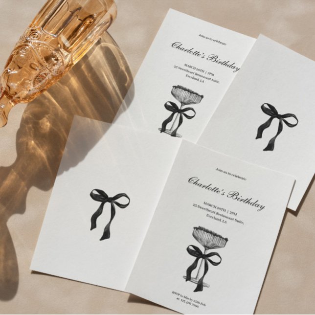 Invitación Champagne coupe Black Bow Birthday Party Invite (Subido por el creador)