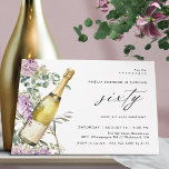 Invitación Champagne | Cumpleaños 60 de Fun Elegant Women<br><div class="desc">Invitaciones para la bonito de cumpleaños número 60 con un ilustracion acuarela de una botella de champán rodeada de flores moradas. El texto "sesenta" grande está escrito en forma de guión, para un estilo divertido pero elegante. El reverso es de un color verde claro y coordinado. (Los colores de fondo...</div>