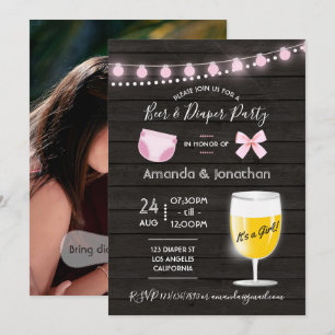 Invitación Champagne de bebé niña cerveza y pañal patio trase