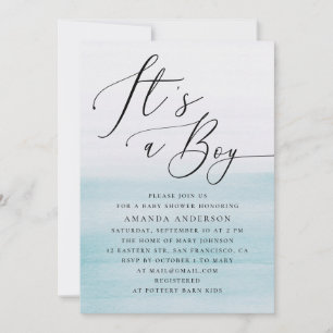 Invitación Champagne de Bebé Niño   Script de Acuarela Azul