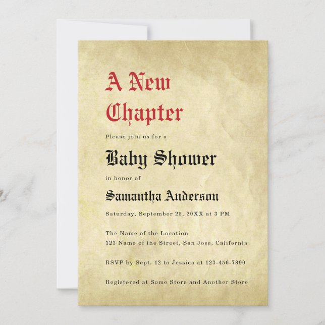 Invitación Champagne de Bebé "Un Nuevo Capítulo" Papel de Per (Anverso)