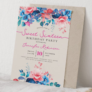 Invitación Champagne de Cumpleaños 16 Girly Azul Rosa Floral 