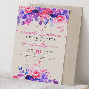 Invitación Champagne de cumpleaños Girly Purple Floral Sweet
