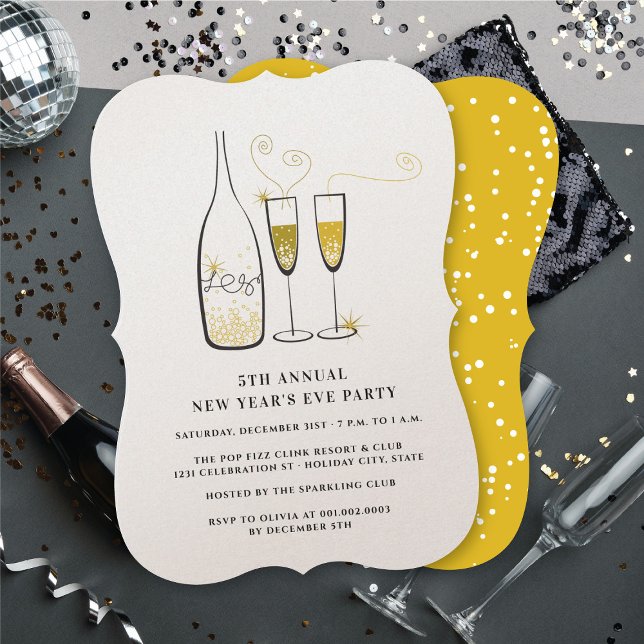 Invitación Champagne de oro anima a Fiesta anual de Nocheviej (Gold Champagne Cheers Annual New Year Eve Party Invitation @ fat_fa_tin)