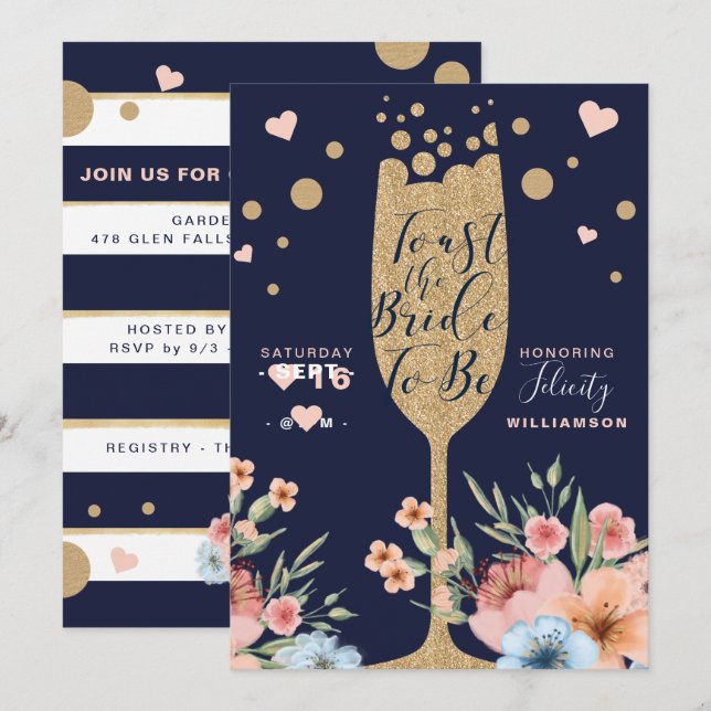 Invitación Champagne de oro | Ducha nupcial de Florencia y St (Anverso / Reverso)