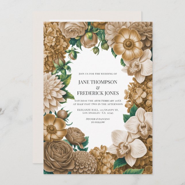 Invitación Champagne Dust, Golden Wheat & Mocha Linen Wedding (Anverso / Reverso)