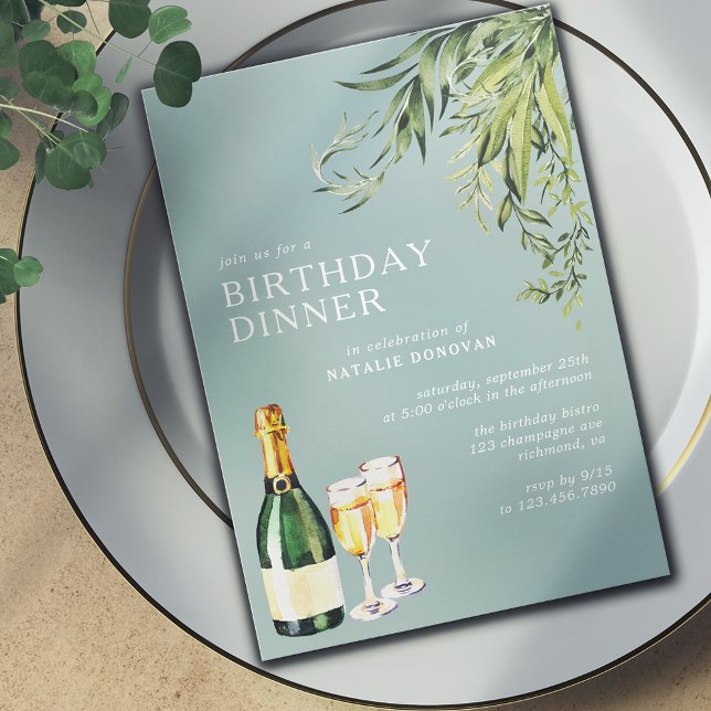 Invitación Champagne | Elegante cena de cumpleaños azul en po (Subido por el creador)