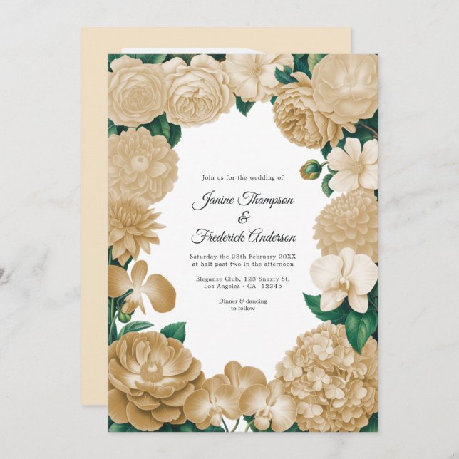 Invitación Champagne Floral Photo and QR Code Wedding (Anverso / Reverso)