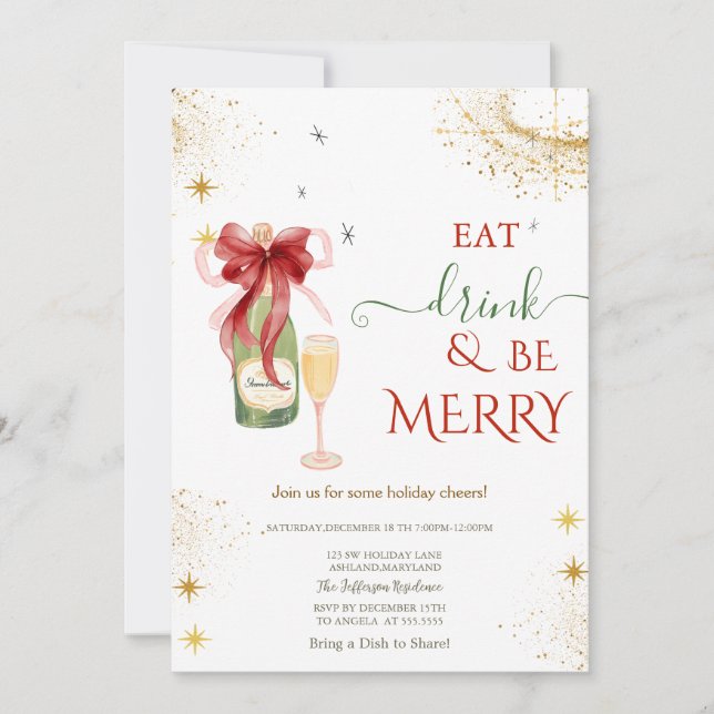 Invitación Champagne Glass Bottle Red Bow (Anverso)