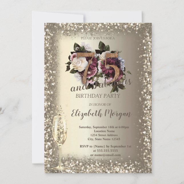 Invitación Champagne Glass Gold Confetti Frame Floral 75th (Anverso)