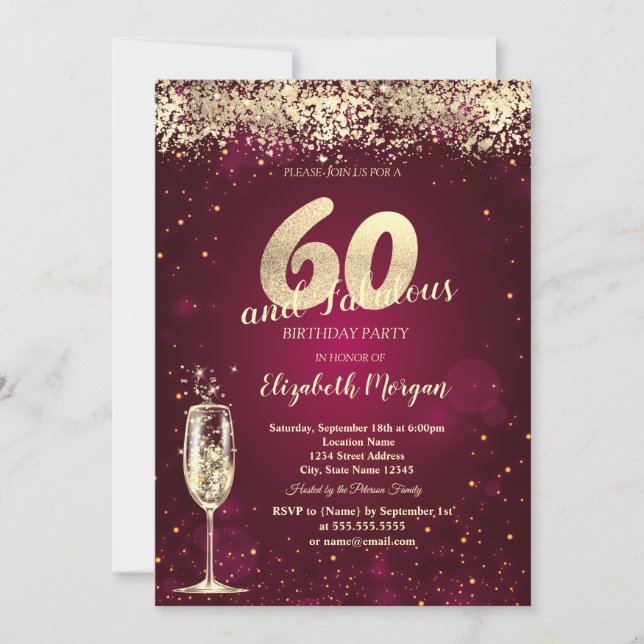 Invitación Champagne Glass Gold Confetti Red 60th Birthday (Anverso)