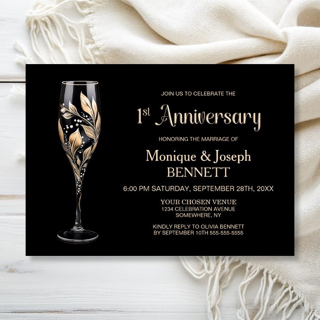 Invitación Champagne Glass Gold Leaf 1st Wedding Anniversary (Subido por el creador)