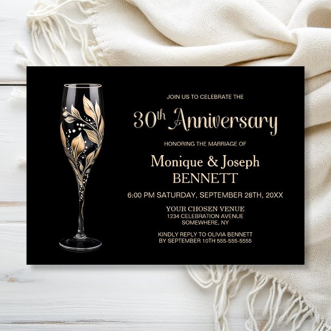 Invitación Champagne Glass Gold Leaf 30th Wedding Anniversary (Subido por el creador)