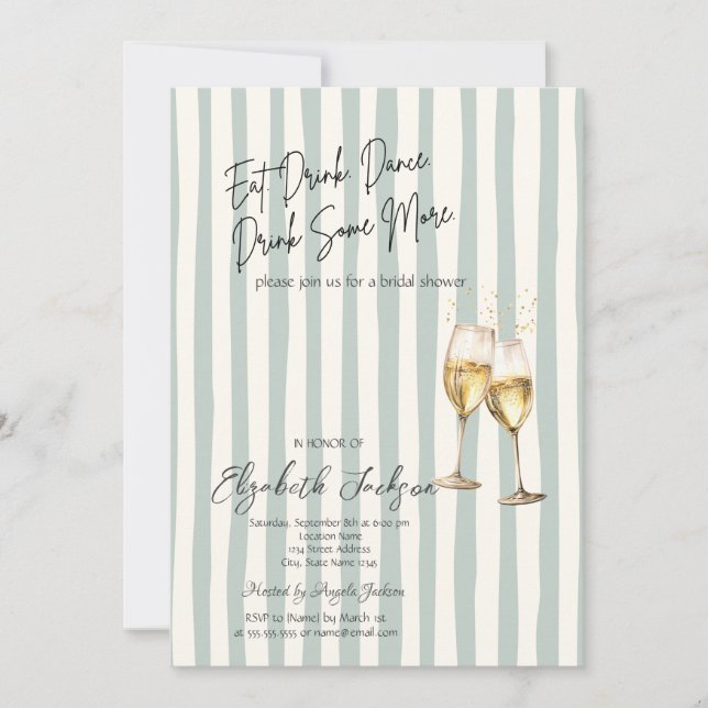 Invitación Champagne Glass Green Stripes Bridal Shower (Anverso)