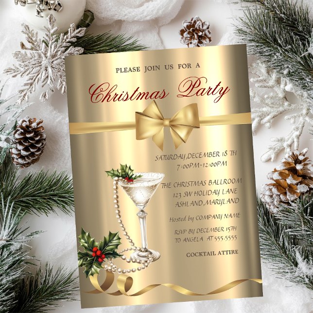 Invitación Champagne Glass Pearls Bow Gold Christmas Party  (Subido por el creador)