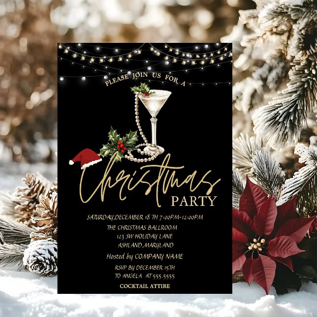 Invitación Champagne Glass Pearls Santa Hat Christmas Company (Subido por el creador)
