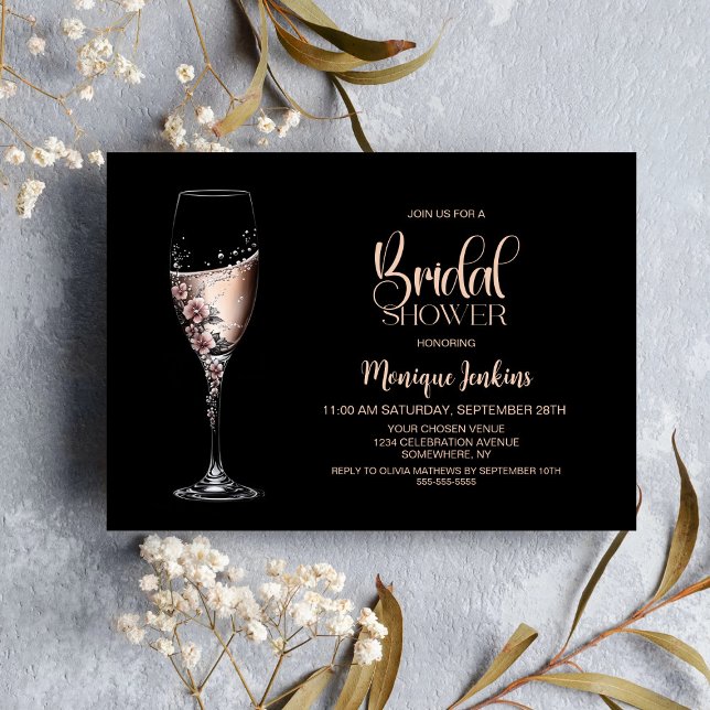 Invitación Champagne Glass Pink Floral Bridal Shower (Subido por el creador)