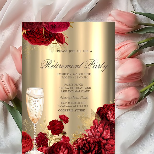 Invitación Champagne Glass Red Roses Gold Retirement Party (Subido por el creador)
