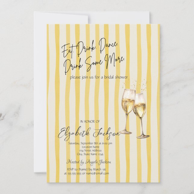Invitación Champagne Glass Yellow Stripes Bridal Shower (Anverso)