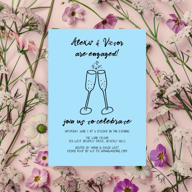 Invitación Champagne Glasses celebra la fiesta de compromiso  (Champagne Glasses Cheers Custom Engagement Party Invitation Blue Hand Drawn Doodle
)