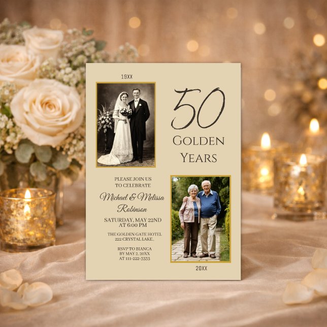 Invitación Champagne Gold Then and Now 50th Anniversary (Then and now 50th anniversary invitation with romantic candlelight celebration theme)